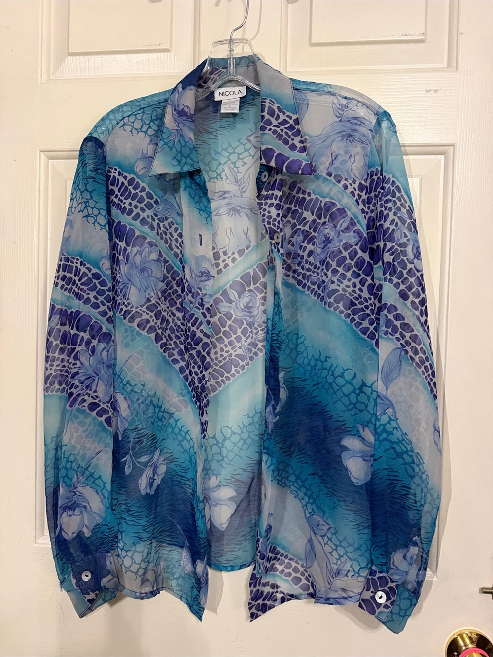 NICOLA Teal and Navy Sheer Floral Button-Down Blouse